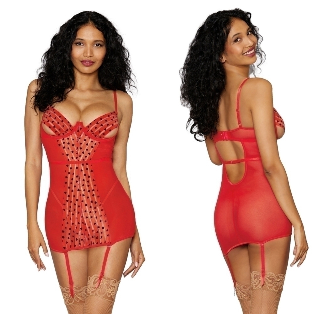 NEW Dreamgirl Piece of my Heart Red Strappy Sexy Chemise Garters Large